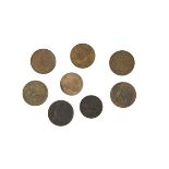 Eight Victorian pennies, including an 1853, 1854, 1855, two 1857, an 1862, and a 1901, some good