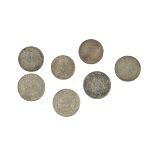 Four Victorian florins and three Victorian half crowns, including an 1864 Gothic florin, VF, and