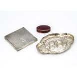 An Art Deco period silver and enamel pill box from Asprey & Co, red enamel oval box, damaged,