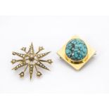 An 18ct gold and turquoise square shaped brooch, together with a 9ct gold and seed pearl star shaped