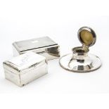 An Art Deco silver capstan inkwell, together with a similar period cigarette box and a whist box (3)