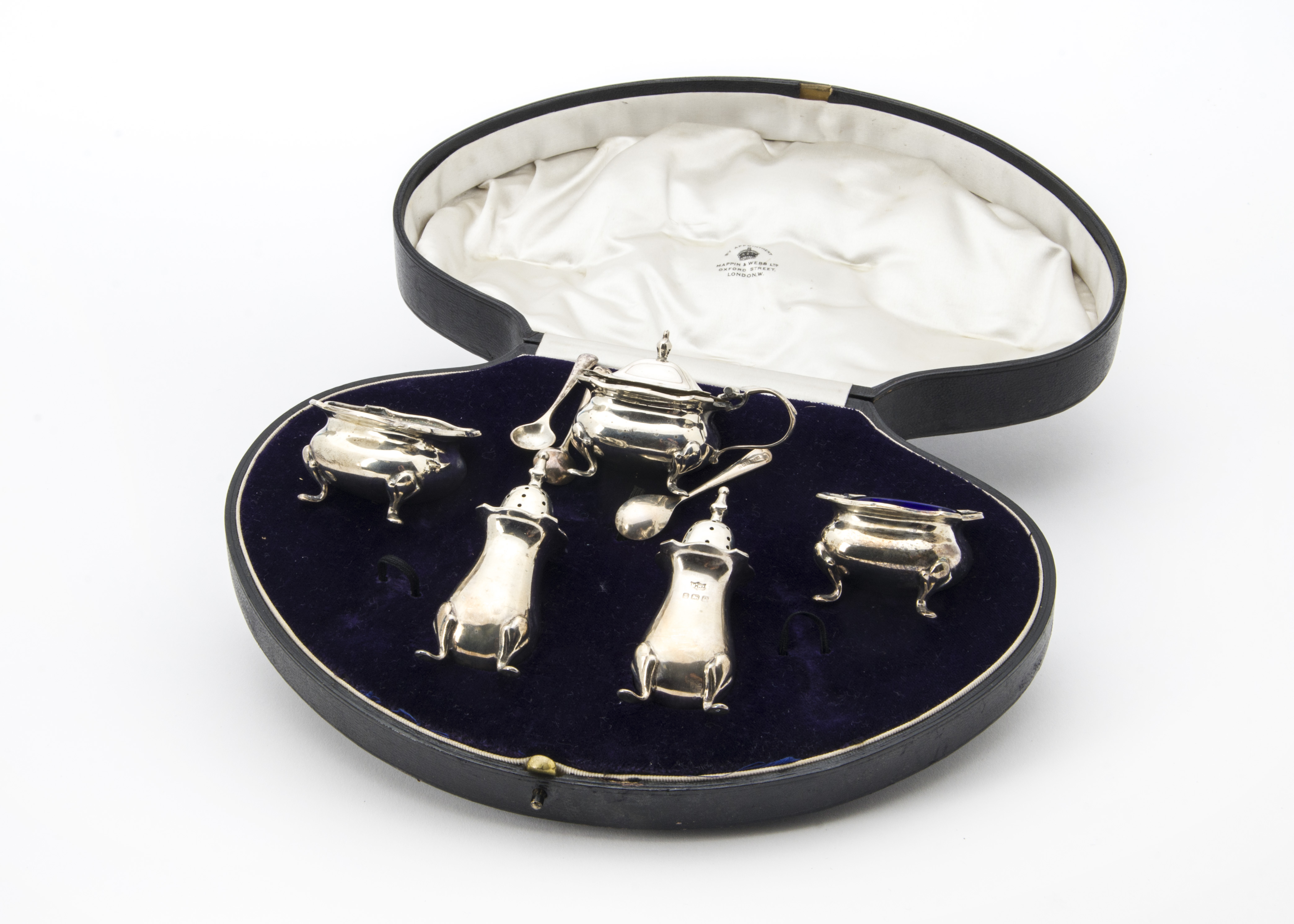 An Art Deco period five piece cruet set from Mappin & Webb, presented in an M&W fitted box with