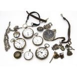 Five Victorian and later pocket watches, AF, together with a heavy silver watch chain with compass