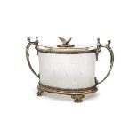 A large and good quality Victorian silver plated and glass biscuit barrel, oval form with