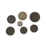 A collection of antique and 20th century coins and tokens, including a George II 1758 six pence,