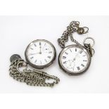 A Victorian silver pocket watch, AF, with a plated chain, together with another silver pocket watch,