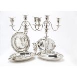 A George V silver filled vase, together with a pair of twin branch candelabra, a cased set of silver