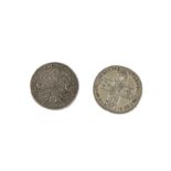 Two George II shillings, dated 1739 and 1758, VF-EF (2)