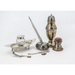 An Art Deco period silver sugar caster by ALD, together with a silver and hobnail cut glass inkwell,