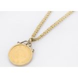 A 1982 1/4 Krugerrand gold coin, presented in a 9ct gold pendant mount and with a flattened link 9ct