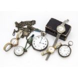 Three early 20th century silver pocket watches, together with a silver watch chain, two 9ct gold