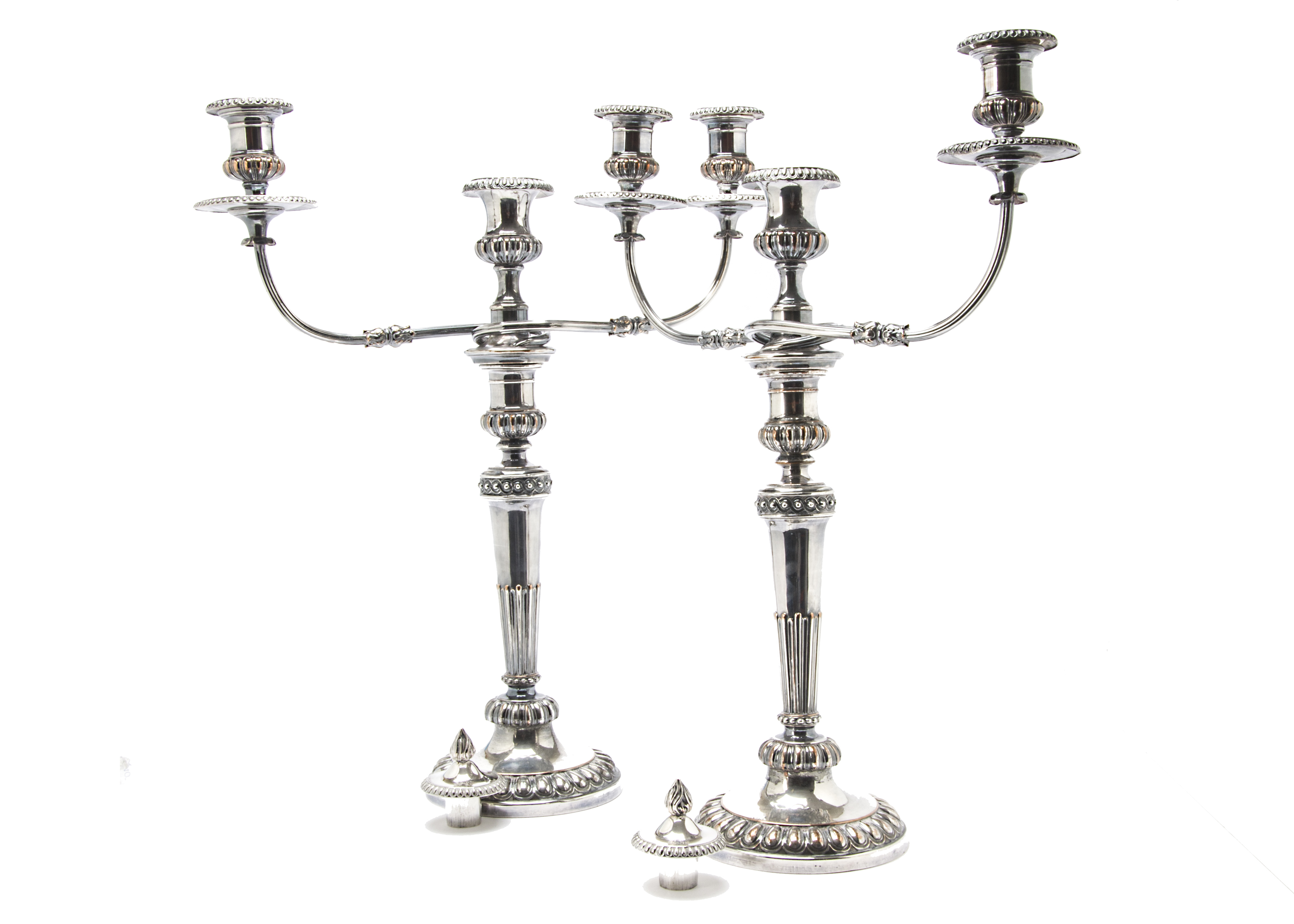 A pair of Edwardian period Sheffield silver plated candleabra, each with two branches, 52cm high (2)
