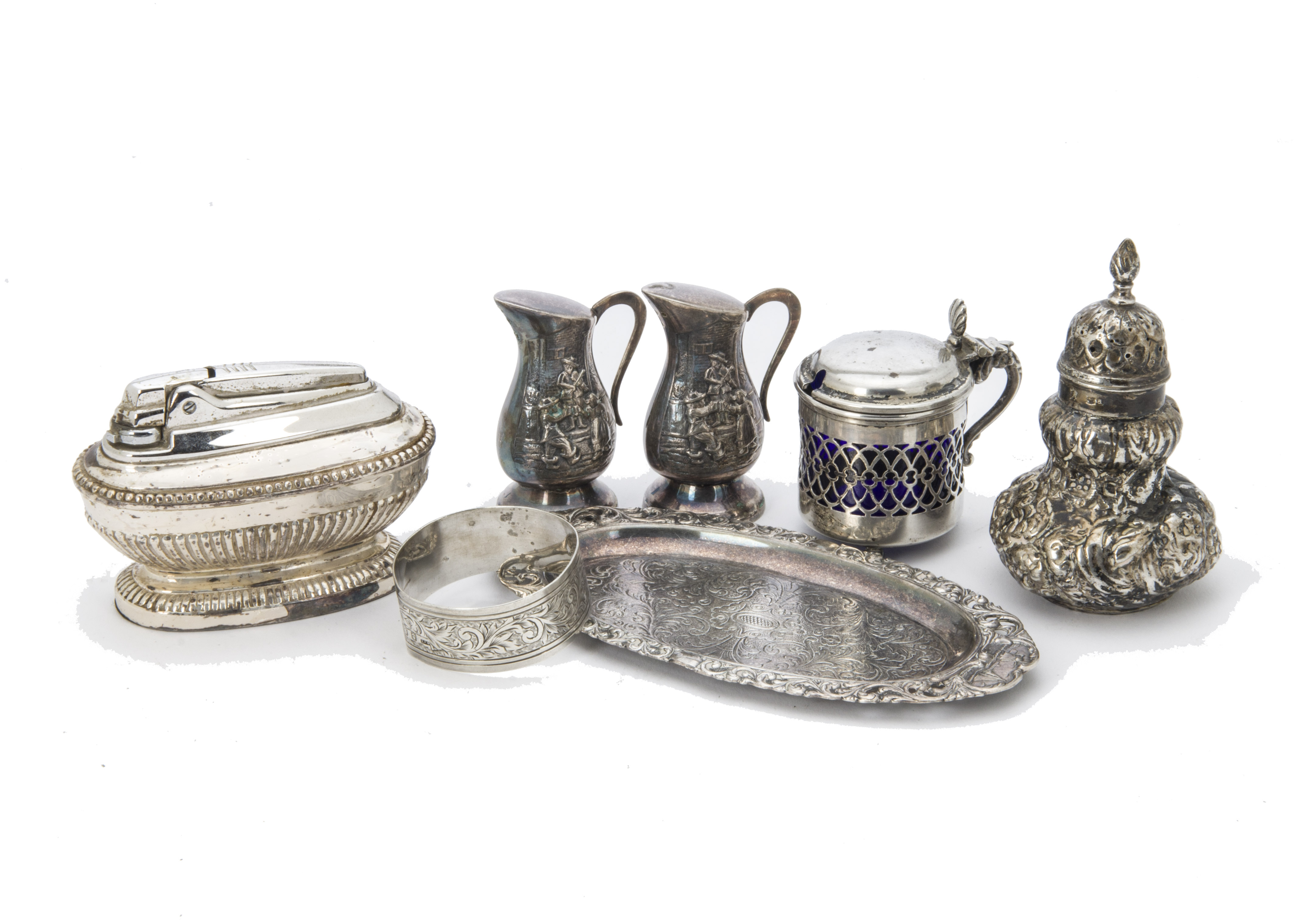 A George III period silver pounce pot by WW, together with a silver napkin and mustard pot, a pair