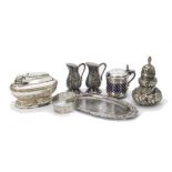 A George III period silver pounce pot by WW, together with a silver napkin and mustard pot, a pair