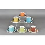 Six Wedgwood coffee cans and saucers with Susie Cooper 'Gay Stripes' design, one each in apple