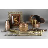 A collection of 19th and 20th Century metalware, including a pair of brass goblets with incised