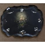 A Victorian scalloped-edge lacquered papier mâché tray, with inlaid mother of pearl and painted