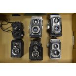 A Tray of TLR Cameras, including; Zeiss Ikon Coffee Can, Reflekta II, Graflex 22, Ciro-Flex and