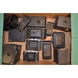 A Tray of Folding and Box Cameras, including; Zeiss Ikon Nettar, Ikontor, Vöigtlander Bessa, other