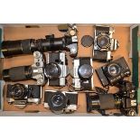 A Tray of Russian SLR Cameras, including; Zenit 12, 12xp, 122, Praktica Super TL, Super TL1000,