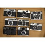 A Tray of Rangefinder 35mm Cameras, including; Yashica G Electro 35, Ricoh 35EF, Konica Auto S2,