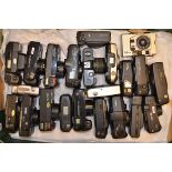 A Tray of 35mm Compact Cameras, manufacturers include; Konica, Pentax, Nikon, Canon and other