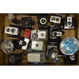 A Tray of Brownie and other cameras, including; Brownie Flash Six-20, Imperial III Flash, Savoy Mark