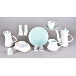 A Poole Pottery coffee set in ice green and seagull, comprising coffee pot, hot water jug, milk jug,