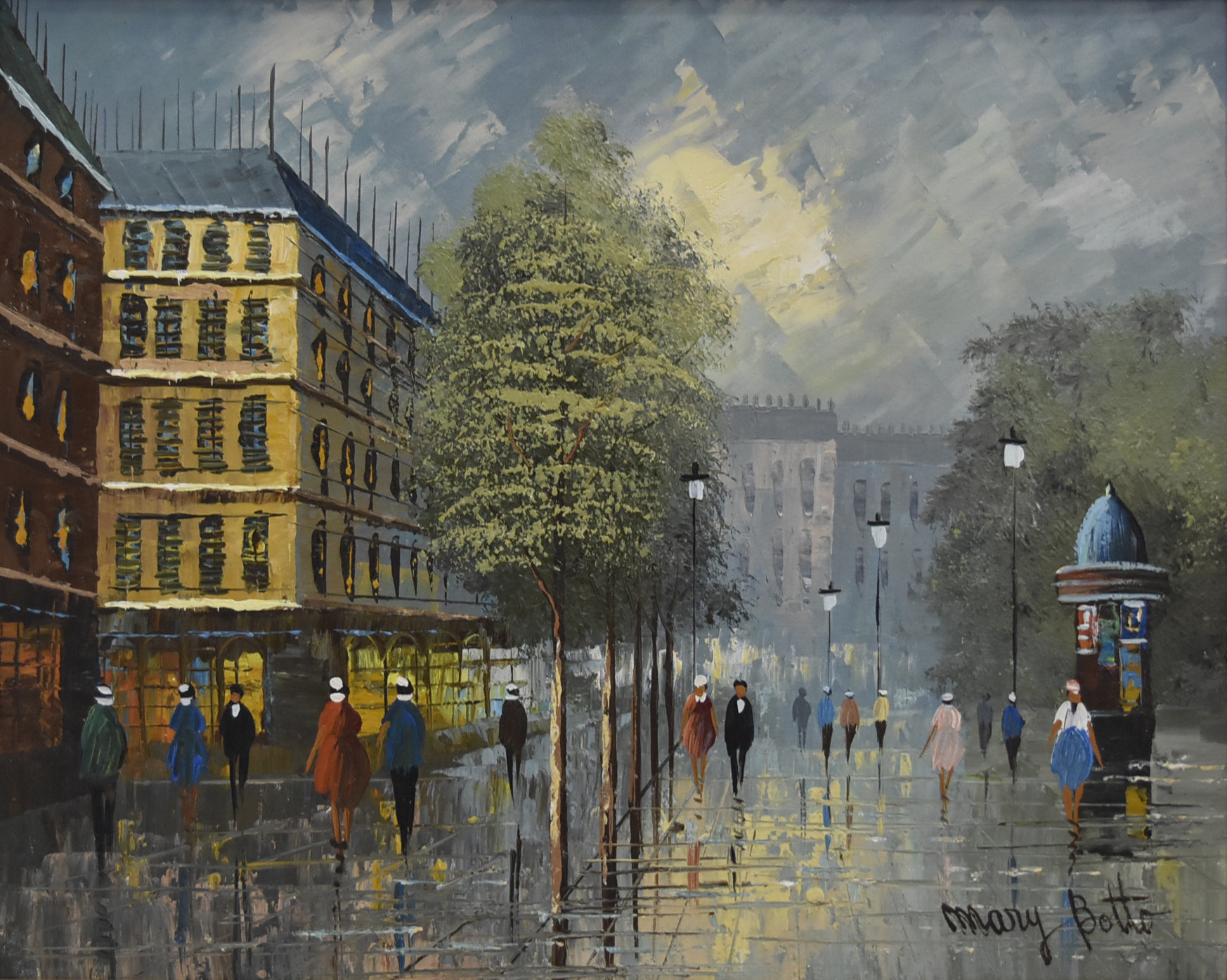 Mary Botto (1913-2002) pair of oil on canvas, A Parisian Street Scene with a Kiosk' & 'A Parisian - Image 2 of 3