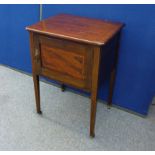 An Edwardian inlaid mahogany bed side table, cupboard, tapered supports, 57 cm wide x 45 cm deep x