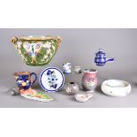 A miscellaneous collection of pottery, including a twin-handled planter, tube-lined floral and