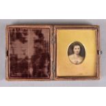 19th Century English School oil on card miniature, Portrait of a Young women with Pearl Necklace,