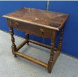 An antique oak side table, single drawer, turned stretched supports, 73 cm wide x 45 cm deep x 68 cm