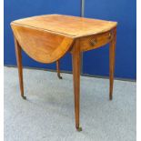 A 19th Century satinwood banded oval mahogany Pembroke table, single drawer, tapered supports, brass