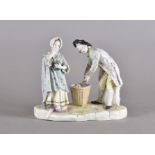 A Vienna style porcelain figure group, modelled as a couple selling in period costume, 19 cm x 22 cm