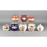 A collection of 20th Century tobacco jars, including a Royal Doulton jar printed with monks, two