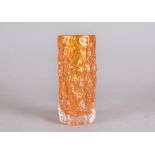 A Whitefriars tangerine glass 'Bark' vase by Geoffrey Baxter, from 'Textured' range, pattern