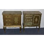 A pair of gilt painted continental bedside cabinets, fitted with three short drawers and one