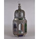 A Moroccan metal and coloured glass ceiling lantern, octagonal form, ogee coloured and colourless