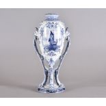 A late 19th Century Royal Bon Delft blue and white pottery vase, hand painted, maritime cartouche,