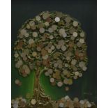 A late 20th Century collage of a money tree, coins, tissue and oil on board, signed 'Holiday 5/