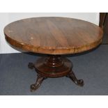 A William IV rosewood tilt-top breakfast table, circular top, single pedestal base, four scroll