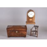 An Edwardian oak arched mantle clock, with satinwood inlaid cartouche, white circular dial, Roman