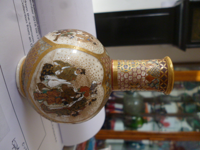 A pair of Satsuma miniature bottle vases possibly by Kinzangama, each with four panels decorated - Image 6 of 10