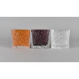 Geoffrey Baxter for Whitefriars, a trio of Textured glass range 'Bow Fronted' Nailhead purse vases