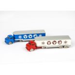 Lego 1960s 00/HO Gauge unboxed Mercedes Articulated 4-axle Food Lorries, in red, white and grey