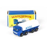 A Matchbox Lesney 1-75 Series 32c Leyland 'ARAL' Tanker, blue cab and chassis, white tank, 'ARAL'