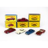 Matchbox Lesney 1-75 Series Jaguars, 32 Jaguar XK140, MW, 65 Jaguar 3.8 Sedan (2), one BPW, one SPW,