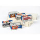 A Trade box of 1960s Lego 00/HO Gauge Ford Taunus in clear garages, comprising, white, red, light