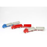 Lego 1960s 00/HO Gauge unboxed Mercedes lorries and trailers, in blue and grey, red and grey and all